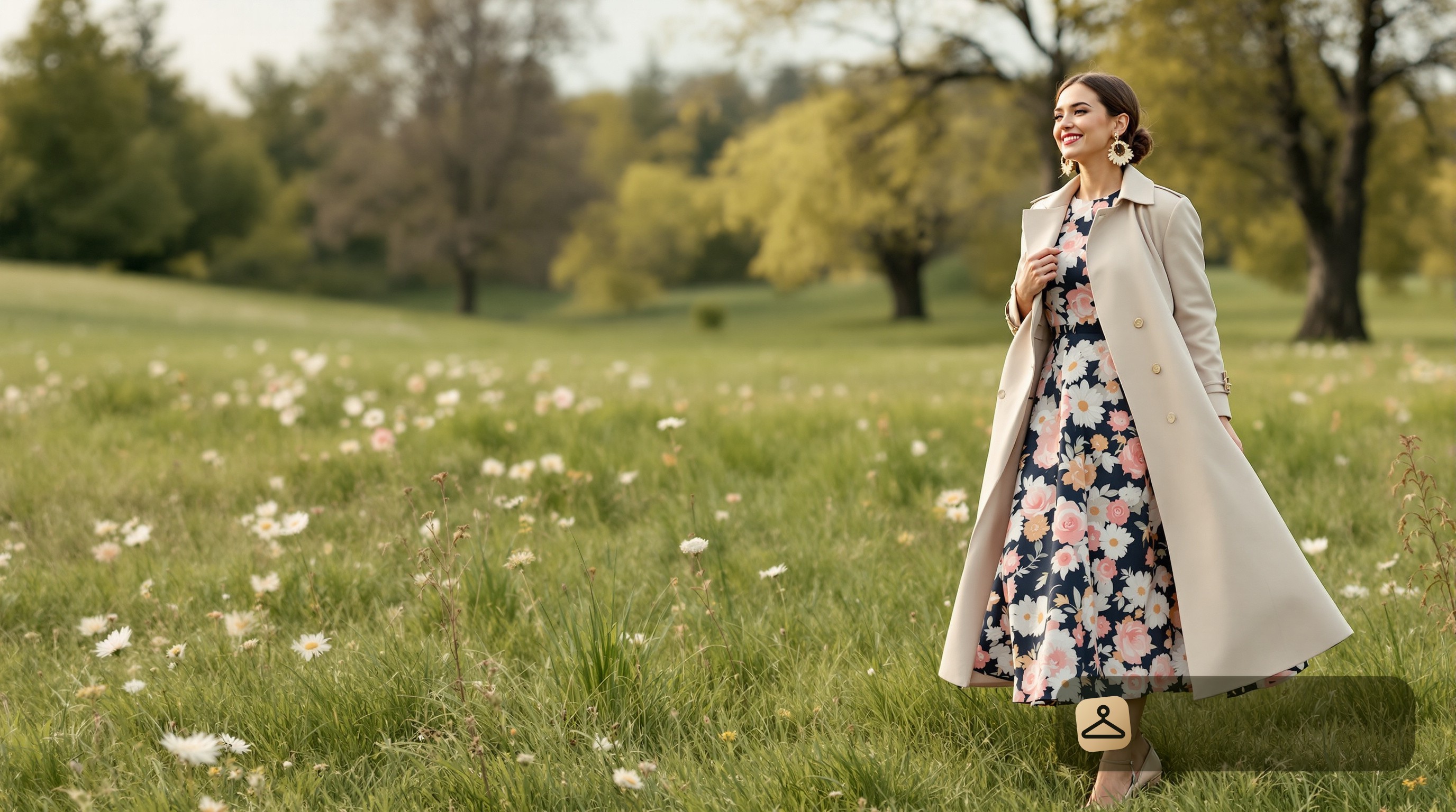 A woman in a spring outdoor graduation outfit, showcasing a floral dress and trench coat.