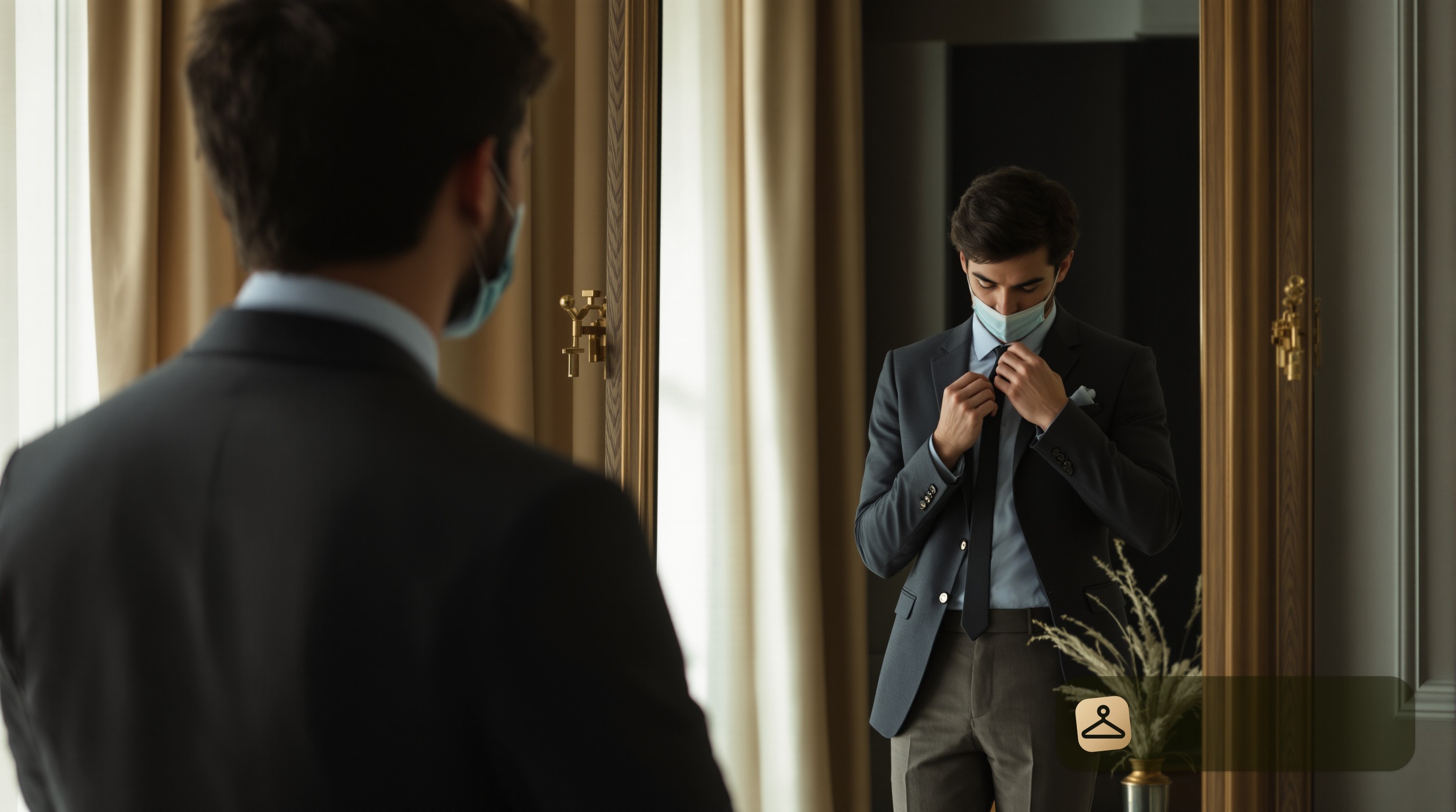 A man preparing for a formal business dinner, wearing a charcoal blazer and light blue shirt, adjusting his tie.
