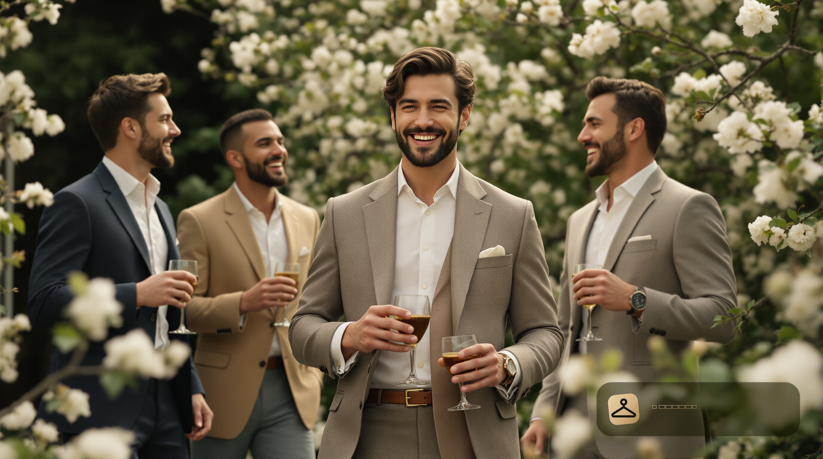 Men in smart casual outfits at a spring outdoor graduation party.