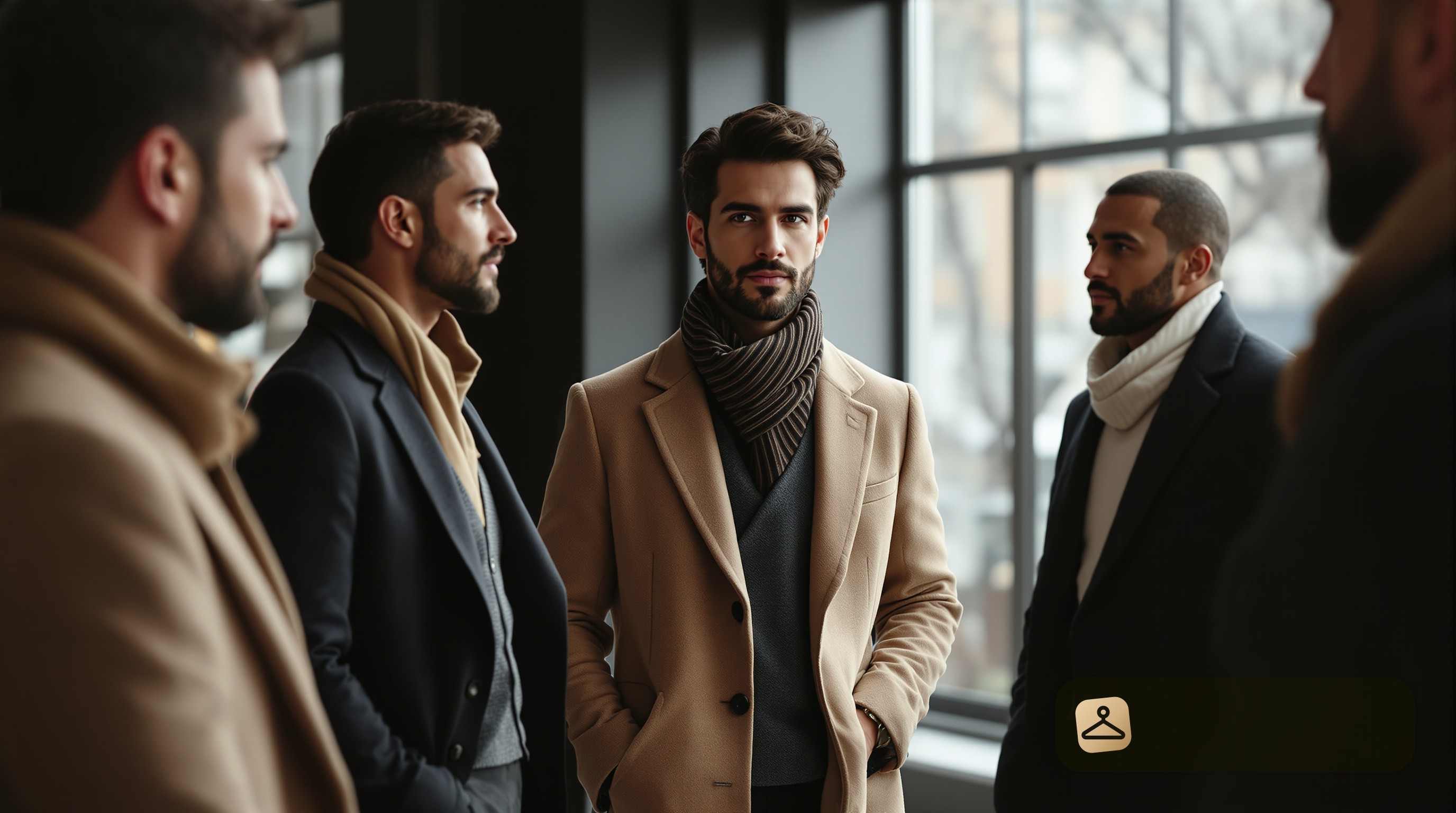 Men at a winter networking event wearing stylish outfits, showcasing winter networking event outfit ideas for men.