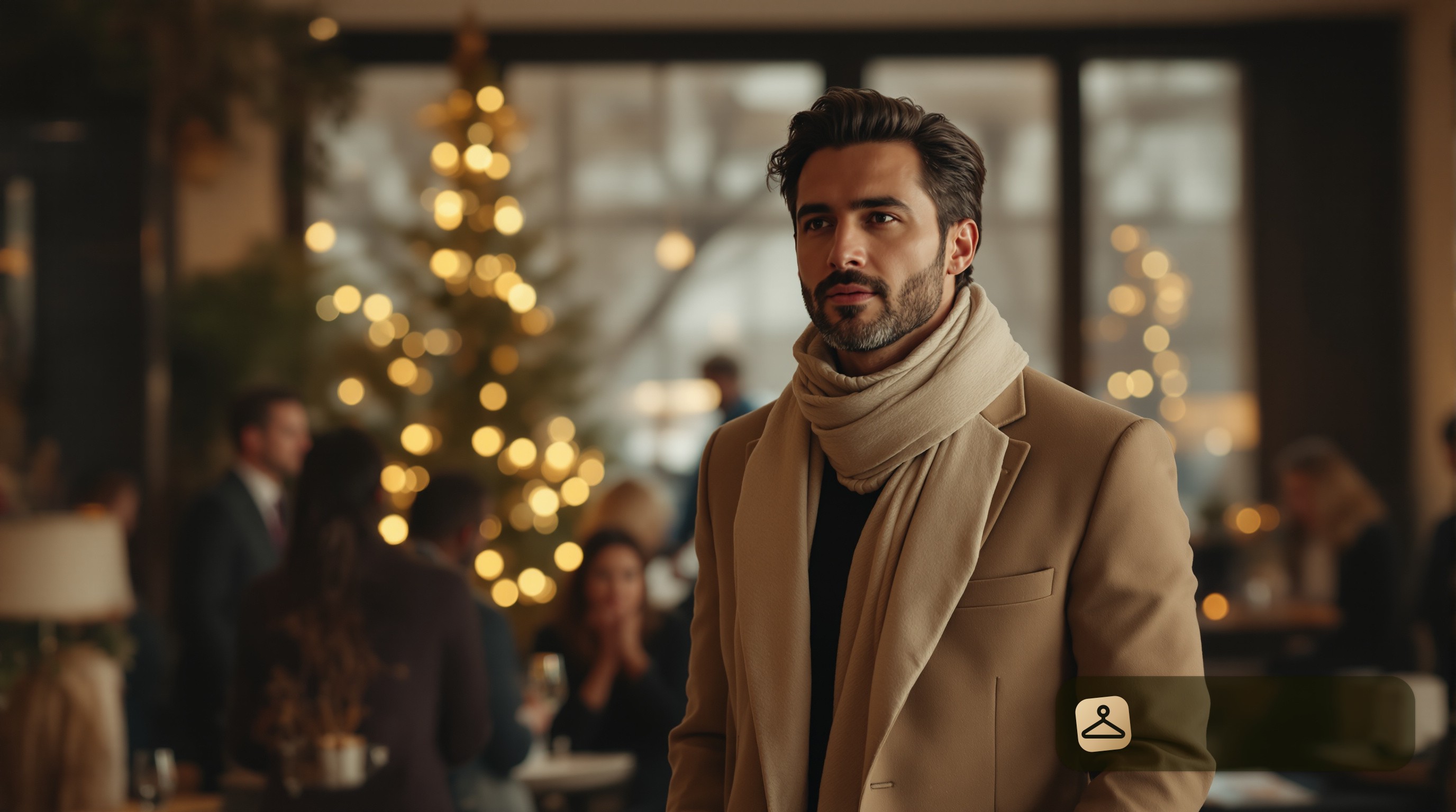 A man in winter holiday office party attire for men, engaging with colleagues in a festive setting.