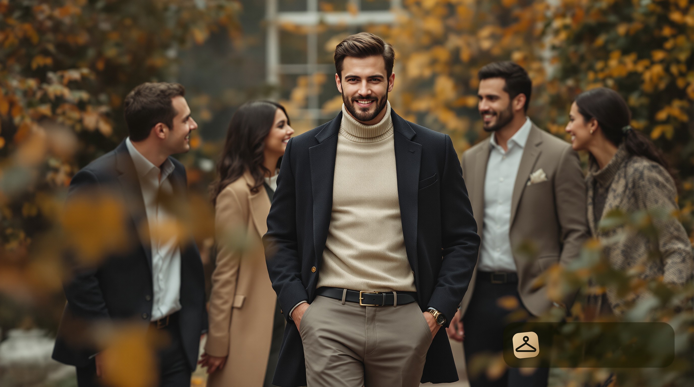A man dressed for a friend's fall outdoor engagement party, showcasing what to wear to a friend's fall outdoor engagement party.