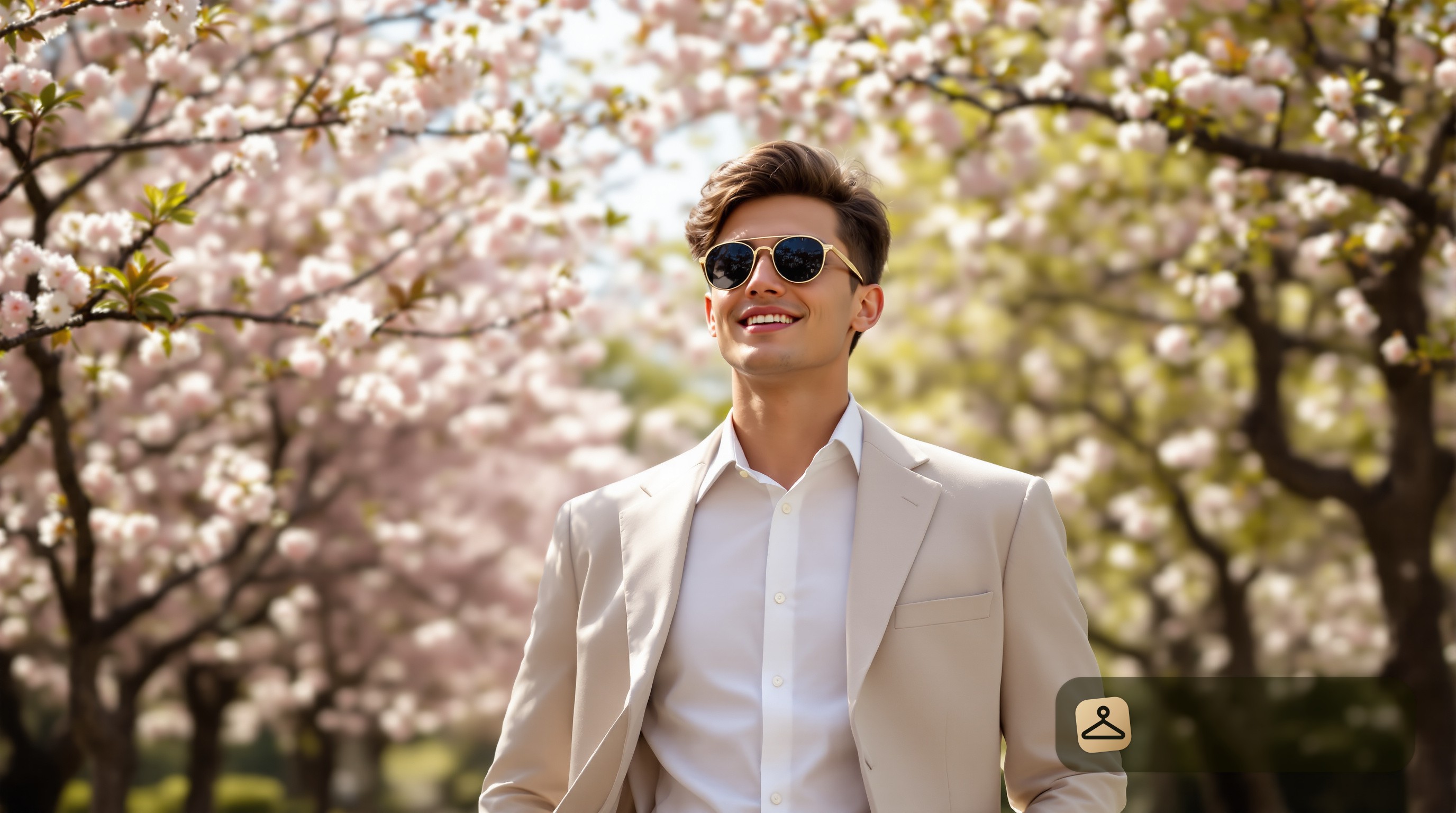 A man in casual spring graduation attire enjoys the ceremony outdoors, adjusting his sunglasses amid blooming trees.