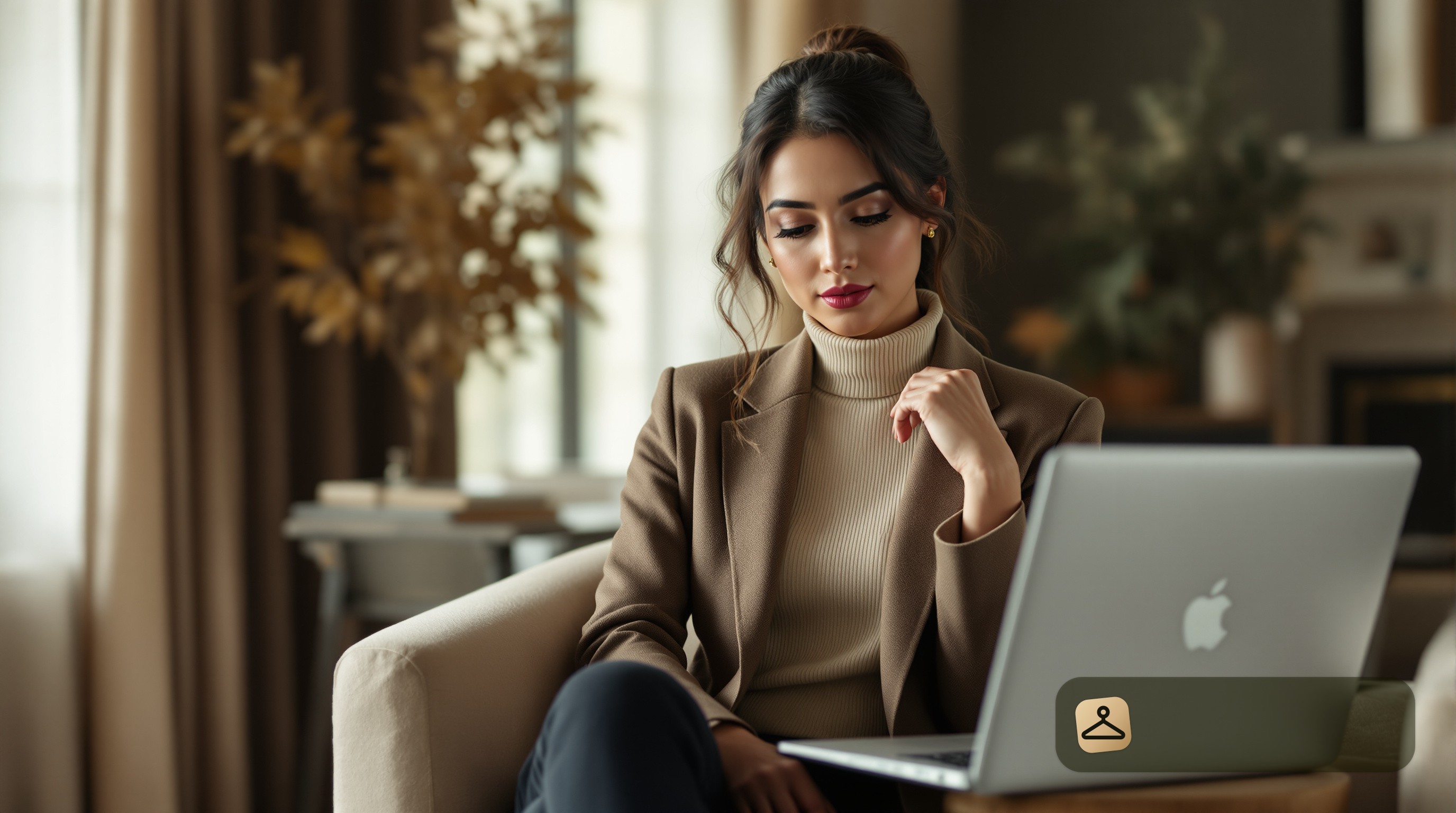 Woman styling her fall sweater for a virtual gathering.
