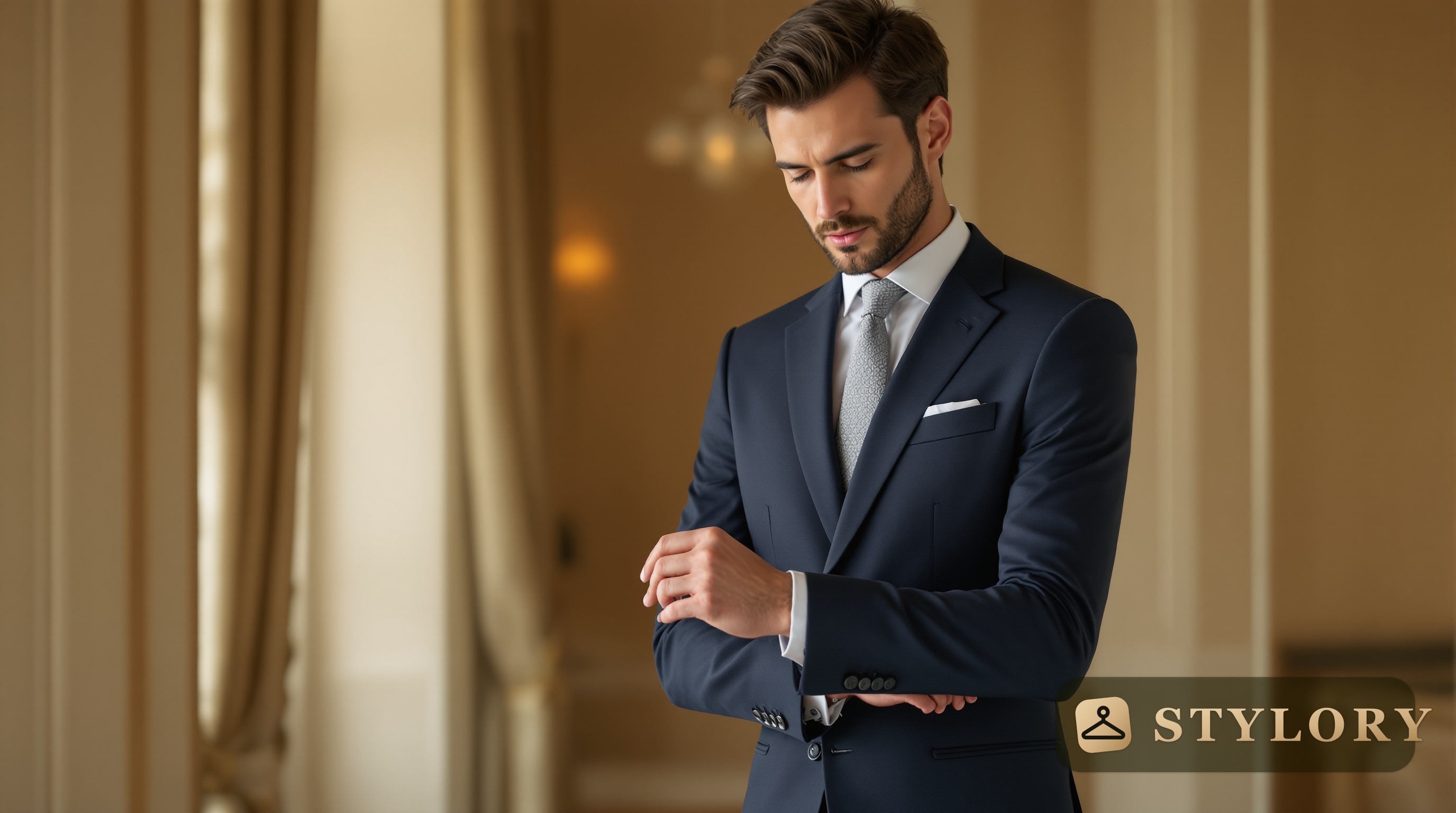 A men's wedding-guest outfit: navy suit, shirt, knitted tie and leather shoes.