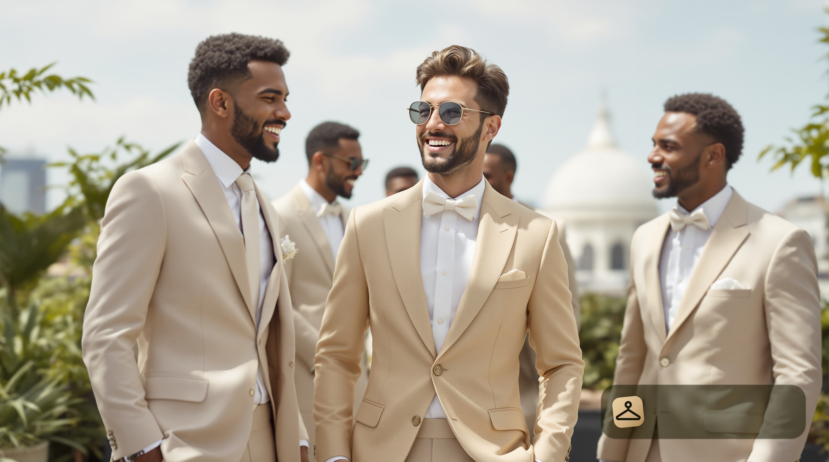 Men dressed in smart casual attire for a summer rooftop wedding, showcasing what to wear to a friend's summer rooftop wedding.