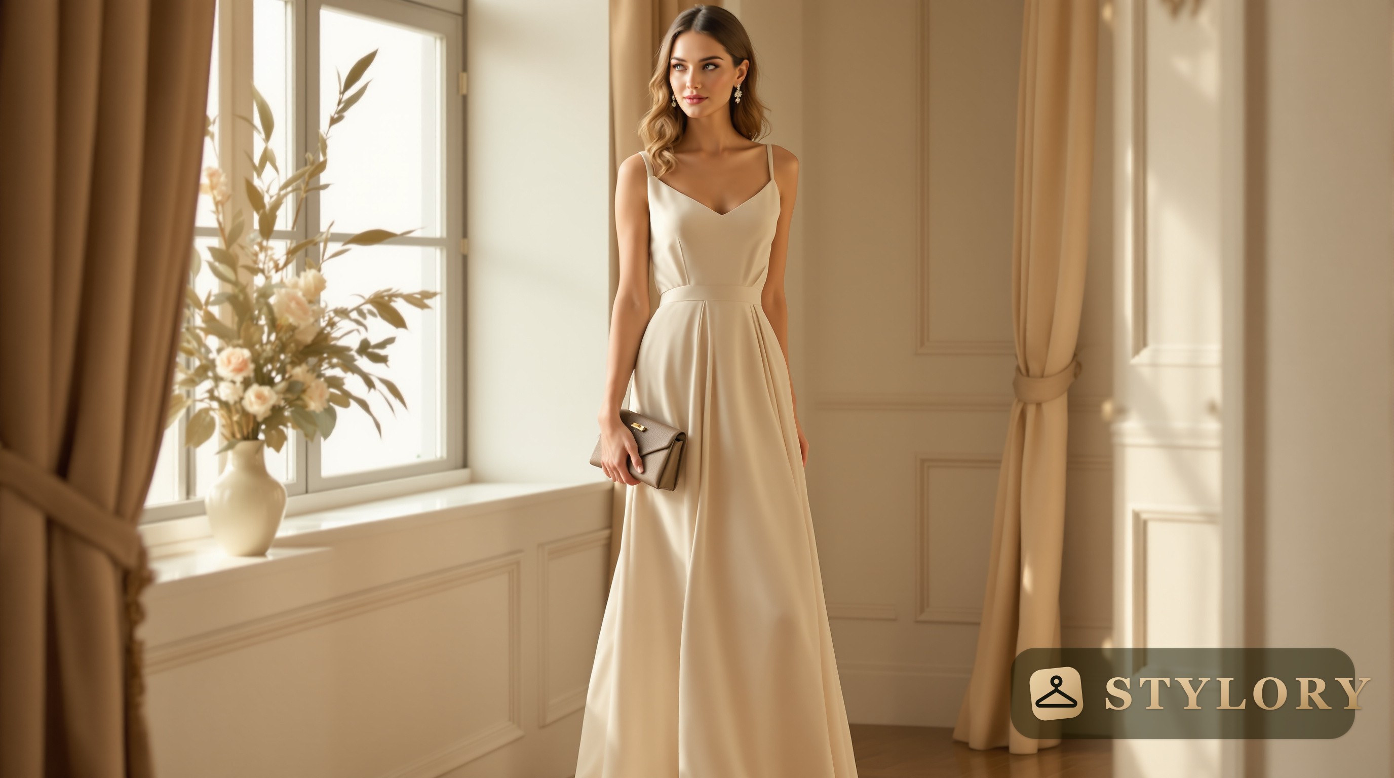 A women's wedding-guest outfit laid out: midi dress, heels, clutch and wrap.