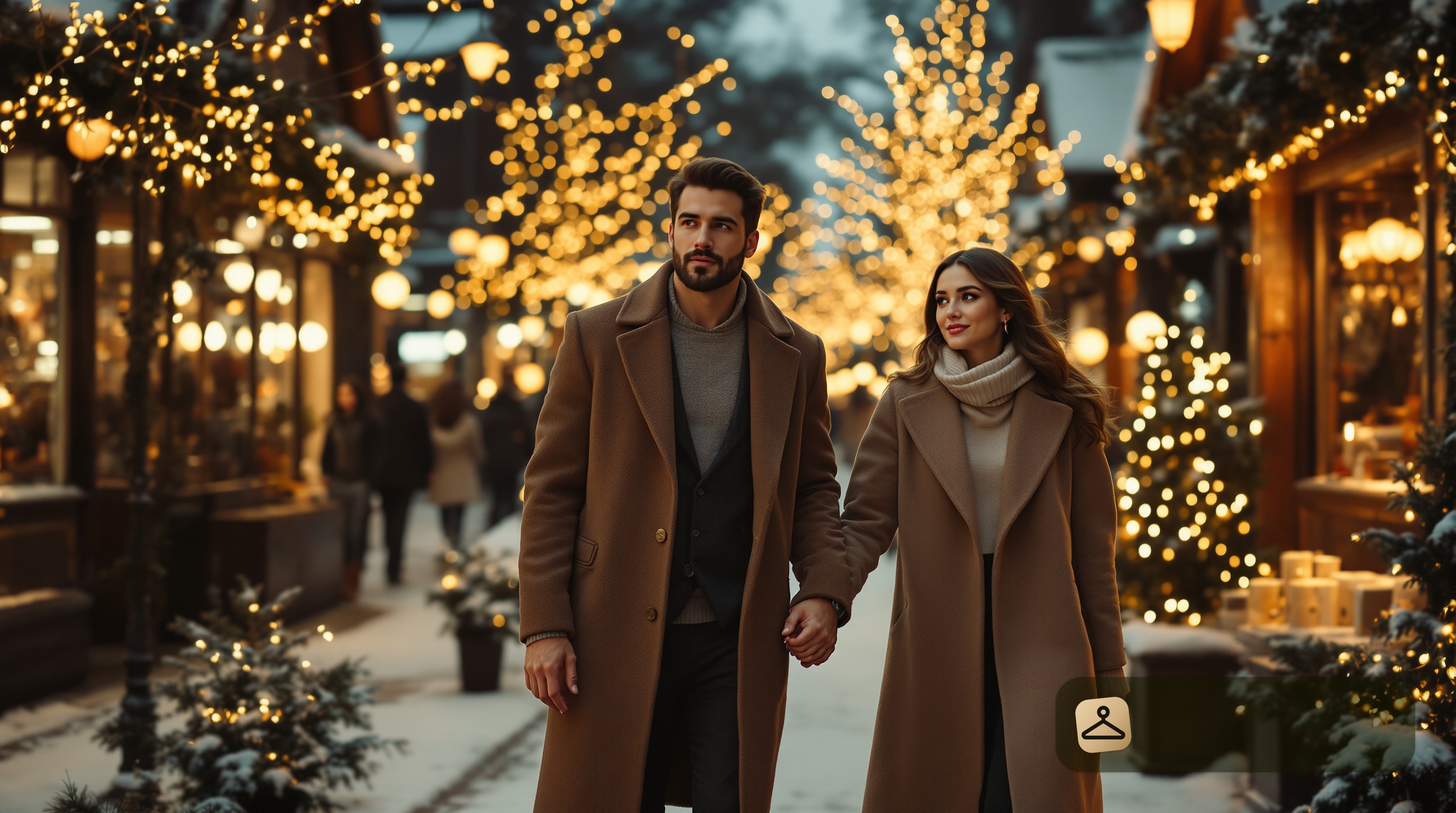 A man wearing a casual winter date night outfit, walking with a date in a winter market.