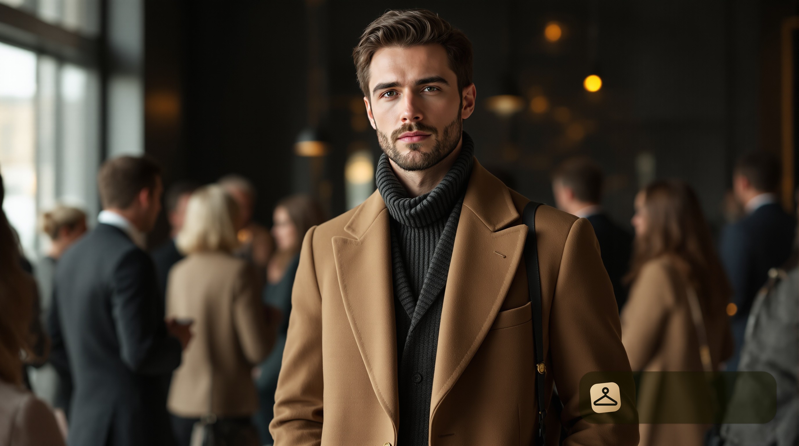 Man wearing a winter networking event outfit for men, engaging with a group.