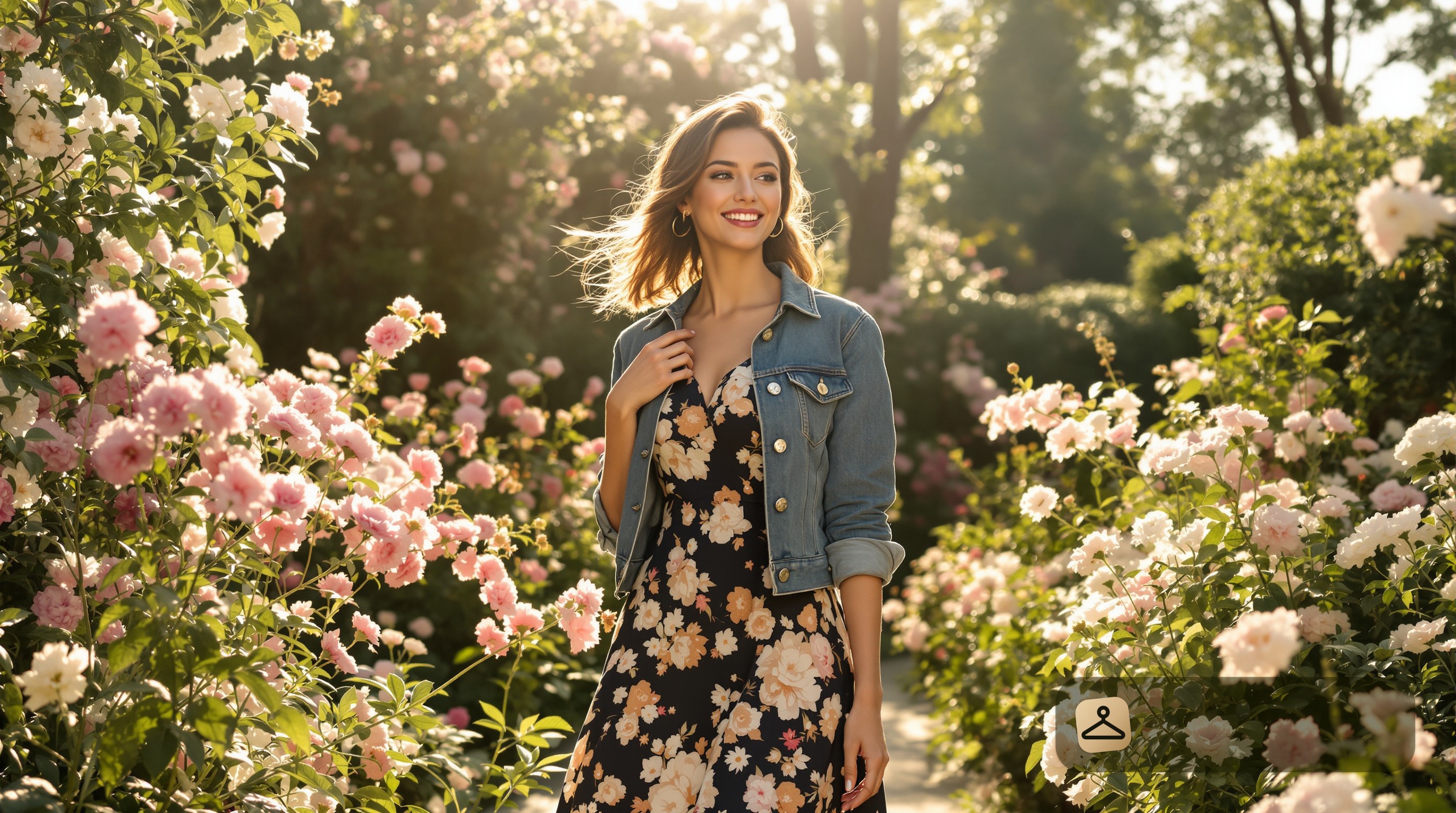 Woman in a floral dress at a spring outdoor bridal shower, showcasing what to wear for the occasion.