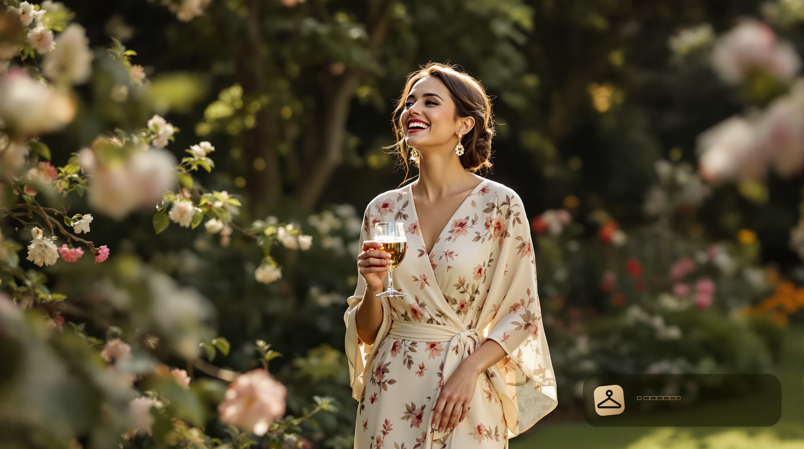 A woman wearing a floral wrap dress at a spring wedding, showcasing what to wear to a spring wedding.