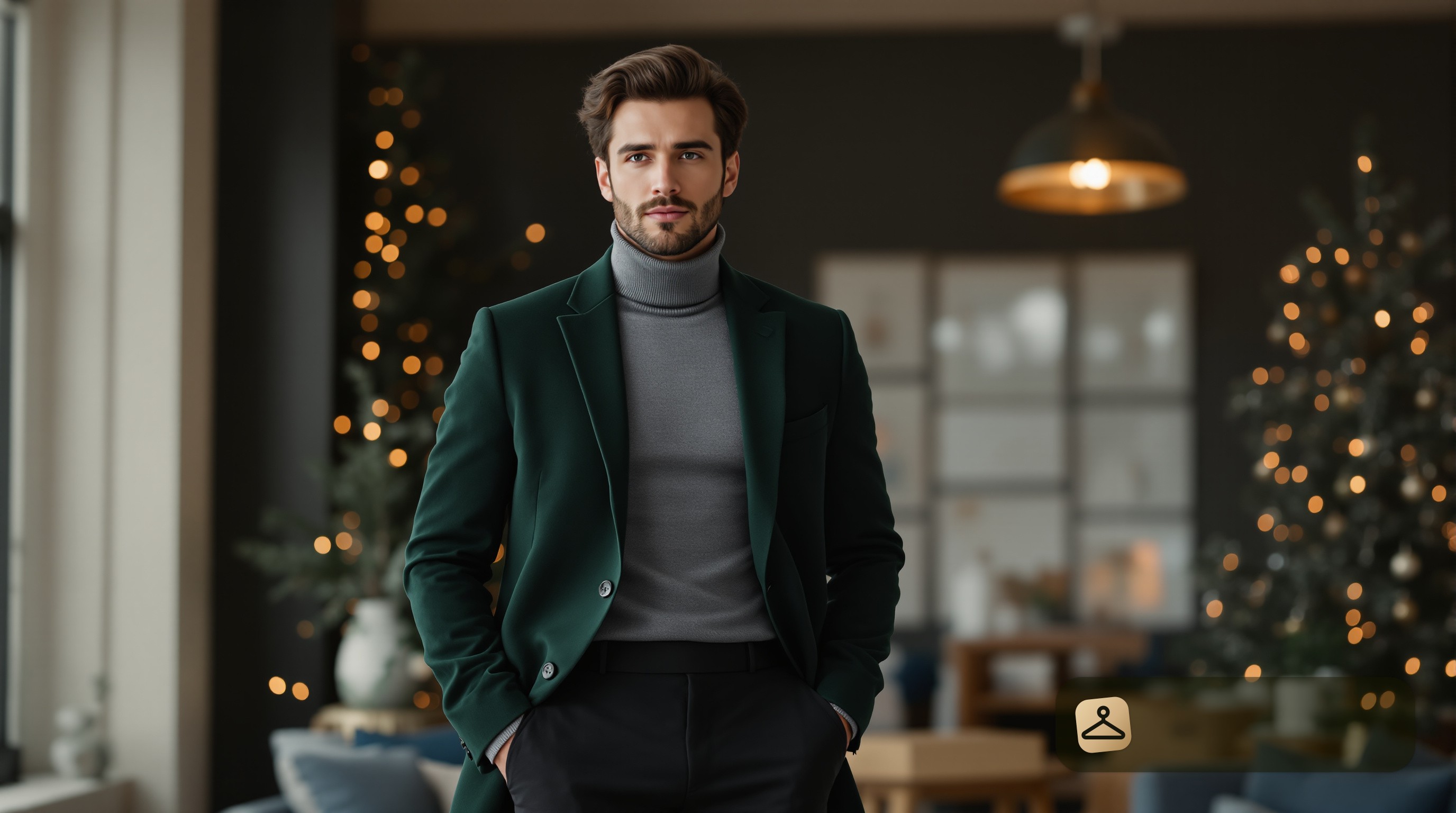 Man styling a turtleneck sweater for a winter office party