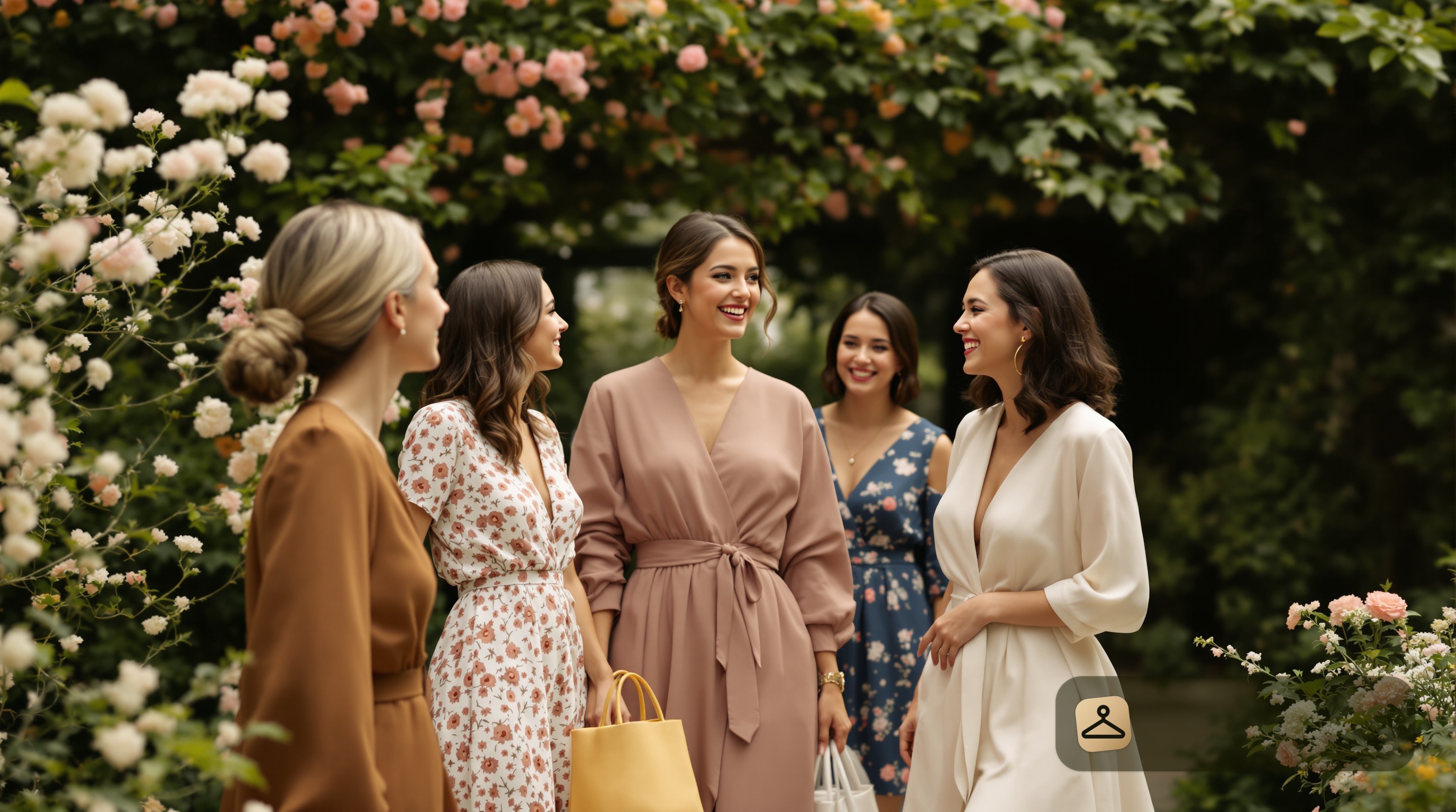 Women in summer outdoor baby shower outfits enjoying themselves in a garden.