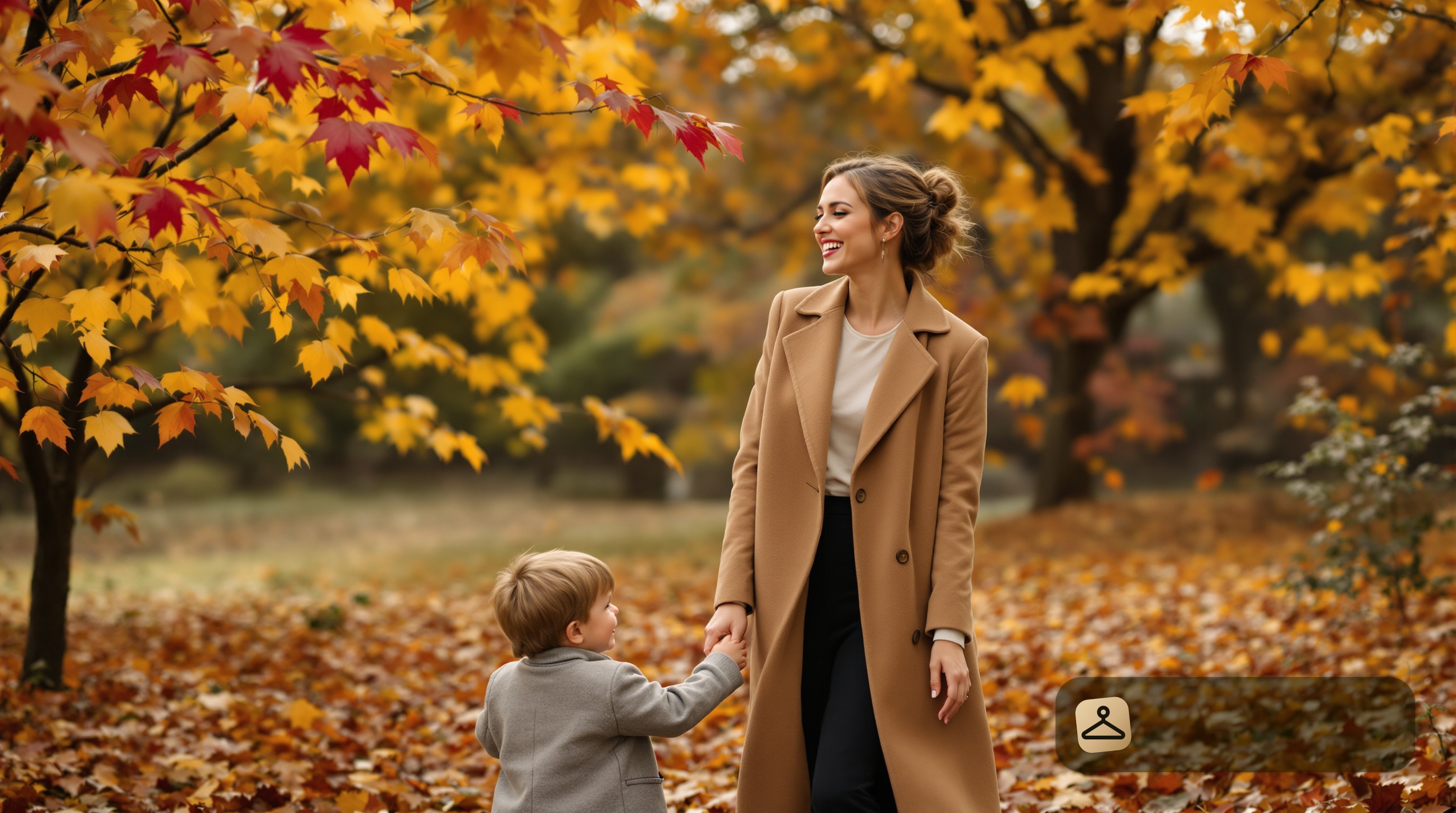 Woman in a stylish outfit for a fall family photo session with a child among autumn leaves.