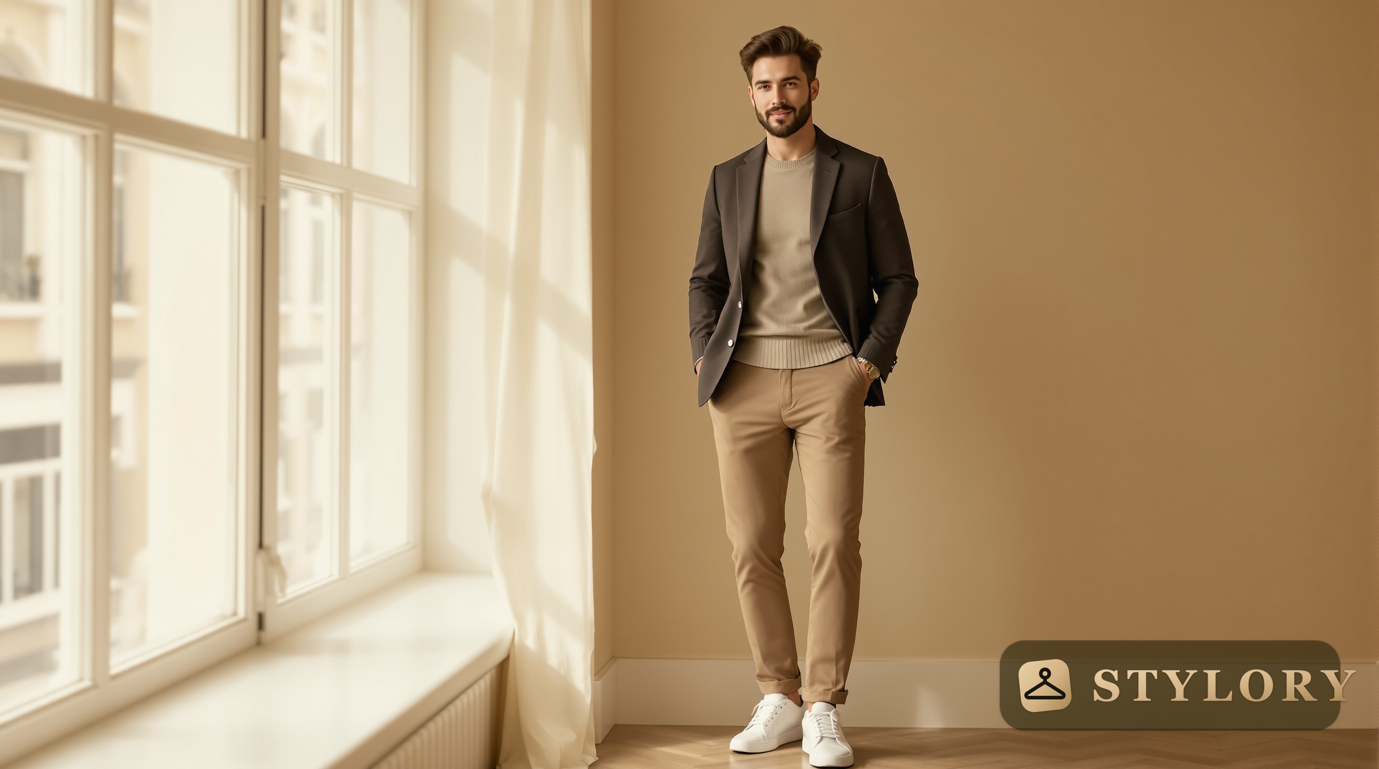 A men's smart-casual outfit laid out: blazer, knit, chinos and trainers.