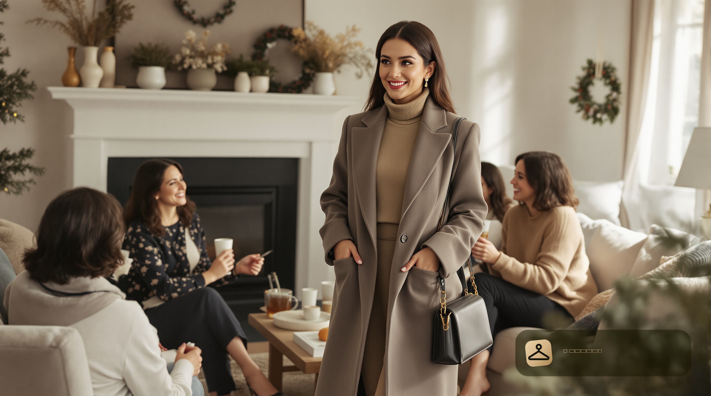 A woman at a winter family gathering, showcasing a winter family gathering outfit with layered clothing and accessories.