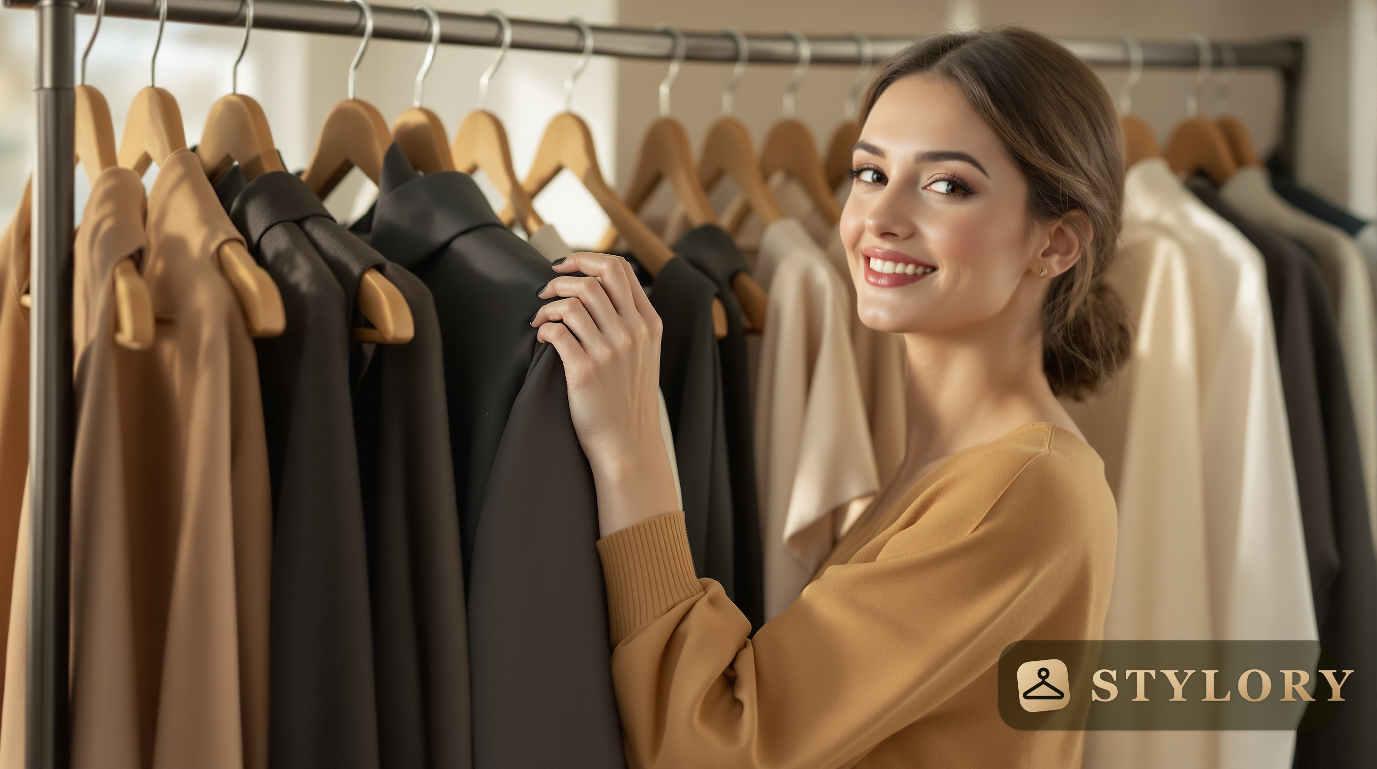 a neatly arranged wardrobe with various clothing items